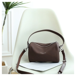 Gros plan du sac oreiller en cuir mat marron avec fermeture éclair argentée et logo