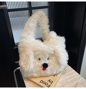 Detail of cute white plush puppy tote bag featuring soft faux fur and 3D facial features