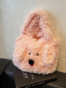 Women Cute Dog Face Plush Tote Bag Soft Faux Fur Shoulder Bag Large Capacity Fuzzy Handbag Winter Autumn Daily Fashion