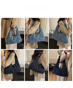 Collage of model wearing blue leopard print denim hobo bag and patchwork crescent shoulder bag