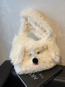 White fluffy plush dog-shaped tote bag with 3D animal face features for women