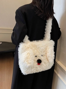 Chic cream plush dog shaped shoulder bag with large capacity for winter fashion