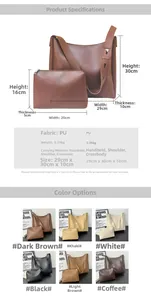 Detailed size chart and multi-color selection for the leather tote and pouch set
