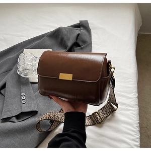 Detail of retro brown leather bag with golden clasp and patterned wide strap