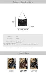 Size chart showing large PU leather tote bag dimensions and three color variations