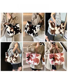 Collage of plush cow print tote bags in black, brown and pink with dog charms