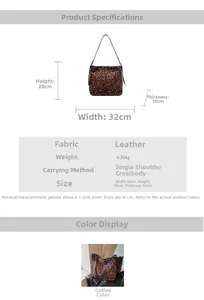 Detail view of leopard print tote bag with brown faux suede texture and black strap