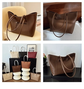 Detail view of large tote bags in PU leather showing texture and multiple color options