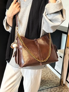 Borsa Tote da Donna in Pelle PU di Grande Capacità Vintage Stile Maillard Borsa a Tracolla Con Catena Dorata Borsa Quotidiana