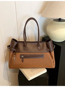 Brown leather and canvas large tote bag with zipper pocket for casual daily commute
