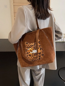 Brown suede tote bag with leopard cat patch and embroidered dachshund dog detail