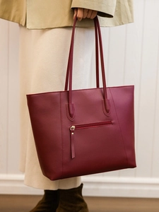 Elegant burgundy large capacity tote bag featuring textured PU leather and back zipper pocket