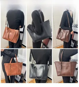 Mannequin portant des sacs cabas vintage en cuir en marron, noir et café
