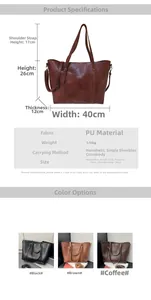 Tableau détaillé des dimensions et couleurs du grand sac cabas vintage en cuir PU