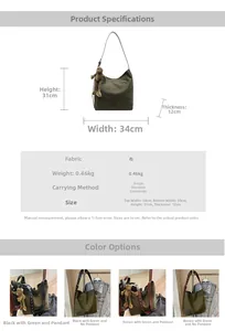 Detail view of a large dark green canvas tote bag with brown straps and monkey charm