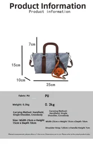 Detailed size chart of the blue-grey handbag showing 25x15x10cm dimensions and strap length