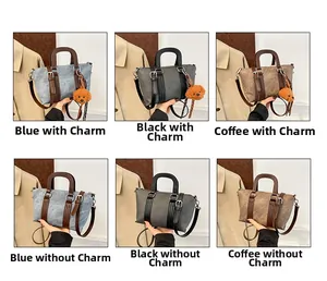 Selection of vintage matte bucket bags in blue, black, and coffee with plush charms