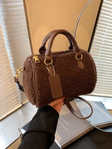 Women Plush Boston Bag Teddy Faux Fur Pillow Bag Fashion Soft Crossbody Shoulder Bag Leather Handle Adjustable Strap