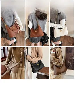 Collage of pleated shoulder bags in six colors with gold chain straps and metal buckles