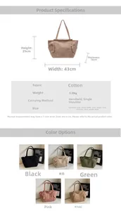 Tabella taglie dettagliata per borsa tote in velluto a coste con misure 43x25x16cm e colori