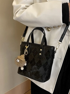 Borsa a Secchiello Argyle Vintage da Donna Alla Moda in Pelle PU Borsa a Tracolla Elegante in Tessuto Plaid Con Ciondolo Mostro di Peluche