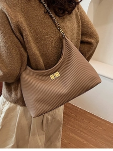 Brown pleated hobo shoulder bag with gold square twist lock and chain strap