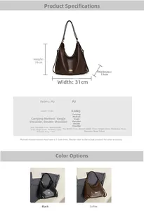 Detailed chart showing PU leather tote bag size dimensions and two color options
