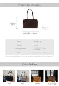 Detailed size chart and multi-color options for large suede leather tote bag