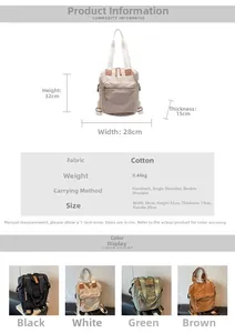 Detailed size specifications for a multi-purpose canvas backpack with measurements