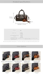 Detailed view of Boston style PU handbag dimensions and specifications table with four colors