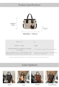 Tableau des dimensions détaillées du sac seau pour femme avec quatre options de couleur