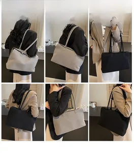 Detail shots of large suede tote bags in grey and black being worn by a model
