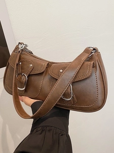 Vintage brown PU leather underarm bag with double front buckle pockets and silver hardware