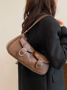 Retro brown faux leather shoulder bag with double front flap pockets and silver buckles