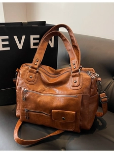 Sac de voyage Boston rétro marron caramel avec multi-poches et bandoulière réglable