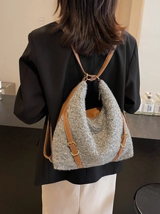 Großer Rucksack aus grauem Tweed mit braunen Lederriemen für Pendler und täglichen Gebrauch