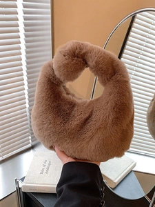 Women Faux Fur Handbag Plush Dumpling Bag Autumn Winter Soft Hobo Underarm Bag Solid Color Zipper Small Tote Bag For Daily