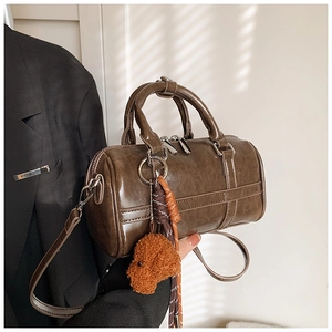 Vintage Glossy PU Leather Boston Bag For Women Fashion Cylinder Shoulder Crossbody Bag With Teddy Bear Keychain Handbag