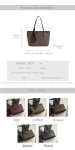 Detailed size chart and multi-color options for large capacity PU tote bags