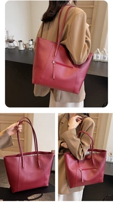 Three views of a large red tote bag showing front, back and side profile for commuting
