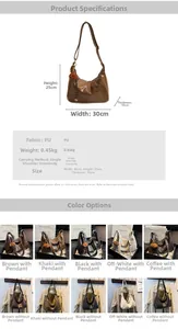 Detailed size chart and multi-color options for the large vintage PU leather hobo bag