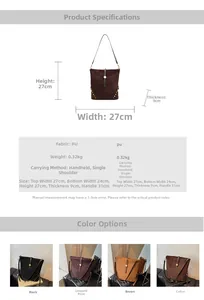 Detailed dimensions and color options for the vintage PU leather rivet bucket bag