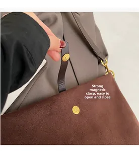 Close-up of magnetic snap closure and brushed PU texture on a brown handbag