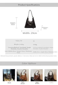 Tabla de tallas del bolso tote de PU con medidas 29x33x10cm y opciones de transporte