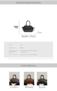 Detailed chart showing 27x17x8cm dimensions and brown PU leather crossbody bag colors