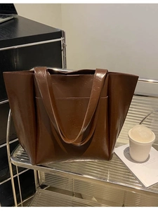 Large capacity dark brown faux leather tote bag for commuting with top handles