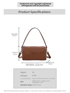 Detailed dimension guide for brown lychee grain PU leather cylindrical pillow bag