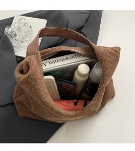 Top view of large capacity teddy fleece tote bag showing spacious interior with daily items