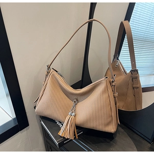 Close-up of khaki pleated shoulder bag featuring elegant fringe detail and silver zipper