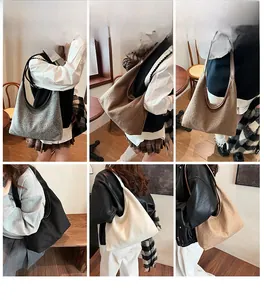 Detailed grid showing six autumn colors of large capacity wool tote bags on models